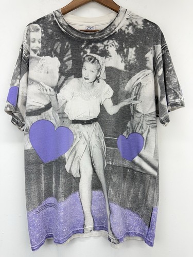 Vintage 90s Y2K I Love Lucy size Large Gray Purple AOP Short Sleeve T-Shirt