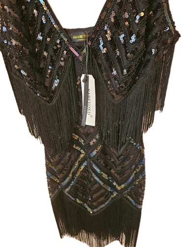 Babeyond 1920's Style Black Sequined Fringed Flapper Cocktail Dress Sz M - Picture 3 of 14