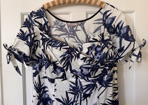 Eshakti Retro 60s Style Bird Floral Print Midi Dress Pockets White Blue 1X 16-18 - Picture 2 of 7