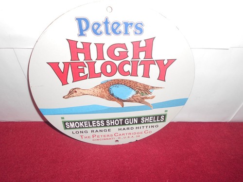 VINTAGE 10x10in PETERS HIGH VELOCITY SHELLS ADV SIGN HEAVY METAL PORCELAIN -933B - Picture 4 of 6