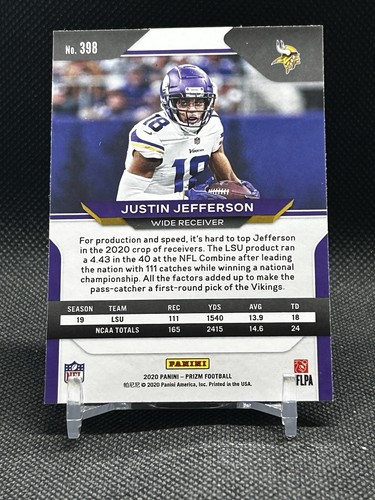 2020 Panini Prizm JUSTIN JEFFERSON 398 ROOKIE RC VIKINGS NICE 🔥🏈🔥 - Picture 2 of 2