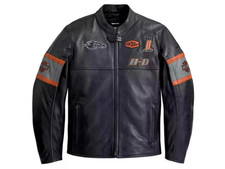 Harley Davidson Men  s Leather Biker Jacket Black Orange Motorcycle Riding Gear