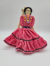 Vintage Female Native American Beaded Folk Art Cloth Rag Doll Pink Dress 9 In