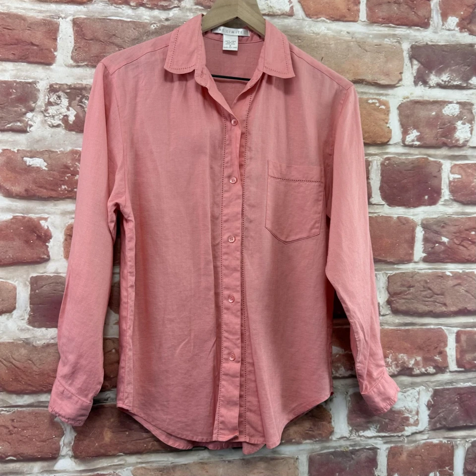 复古 The Limited 衬衫女式 8 粉色 100% 亚麻纽扣香港 90 年代 — 第 2/4 张图片