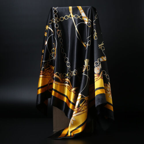 Lady Black Gold Print Hijab Scarf Silk-Satin Square Head Shawl Scarfs Women's - Picture 1 of 17