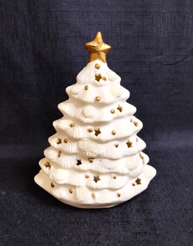 Vintage Ceramic Cream and Gold Christmas Tree Tea Light Fairy Lamp Star Cutout - Bild 1 von 5