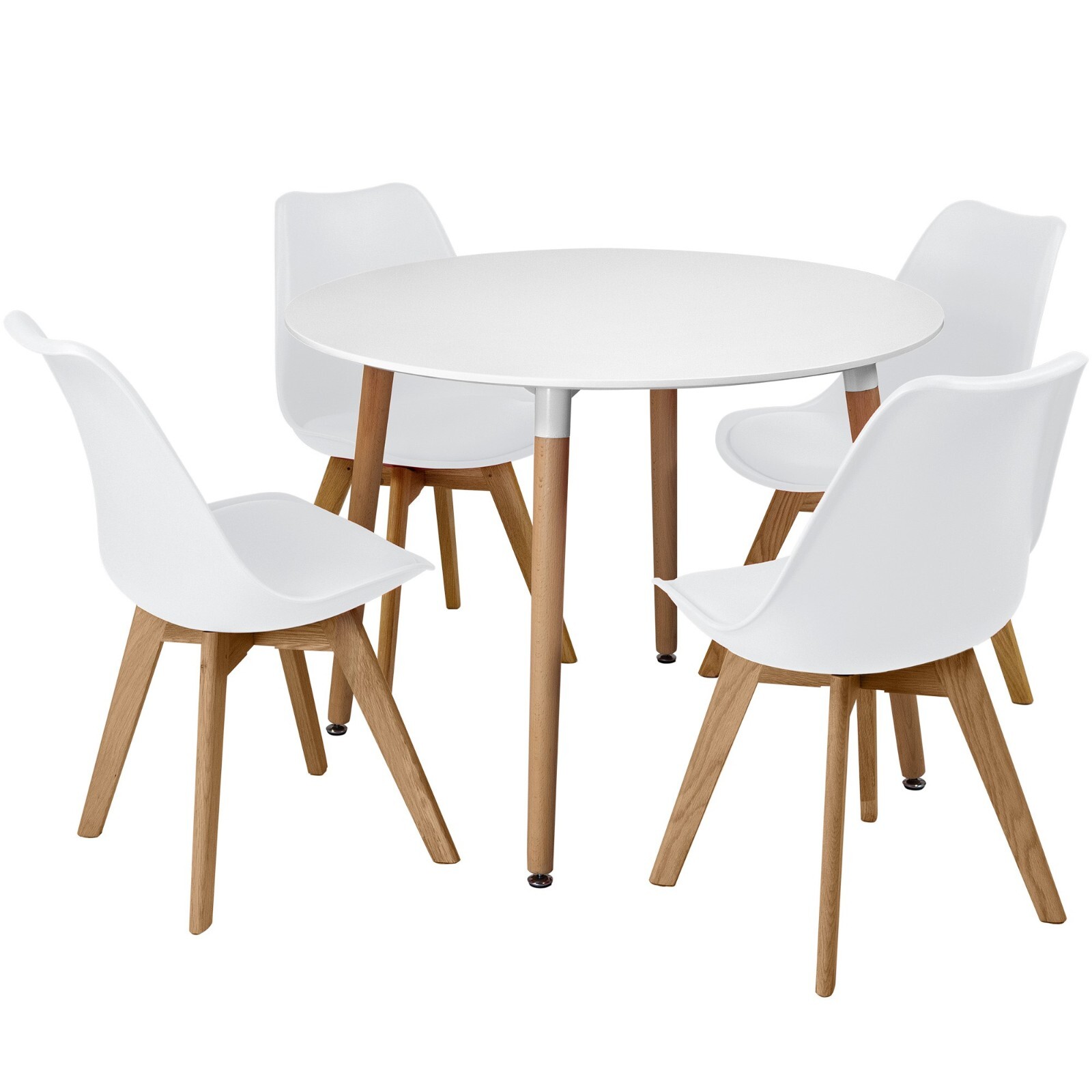 Circular Dining Table Set Four 4 Dinner Kitchen Chairs White Solid Beech Wood