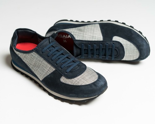 Isaia $795 NIB Navy Blue Gray Suede Cashmere Runner Sneakers Shoes 39 eu 6 US - Imagen 2 de 7