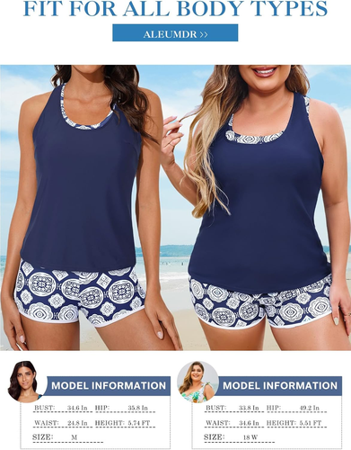 Womens Athletic 3 Piece Tankini Swimsuits with Shorts Swim Tank Tops with Sports - Picture 6 of 12