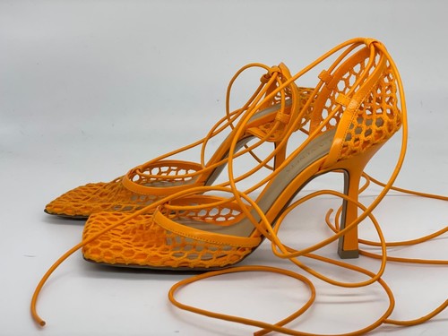 Bottega Veneta Web Malla Elástica Puntera Cuadrada Envoltura Encaje Sandalias Tacones Zapatos $1100 - Imagen 10 de 14