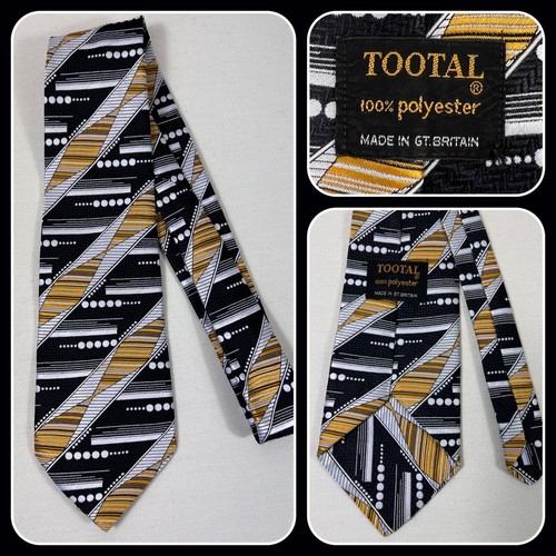 Vintage 1960s 1970s Tootal Black White Gold Geometric Neck Tie 4" Wide