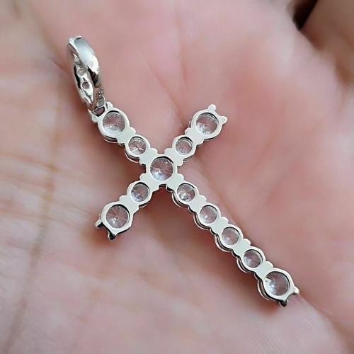 3.00Ct Round Cut Lab Created Diamond Cross Pendant In 14K White Gold Plated - Picture 2 of 5
