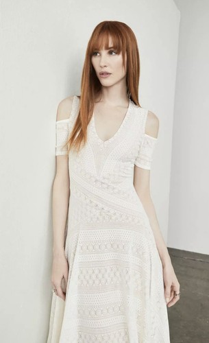 NWT BCBCG MAXIZRA ODETTE COLD-SHOULDER ASYMMETRICAL HEM LACE DRESS SZ S $230 - Picture 3 of 7