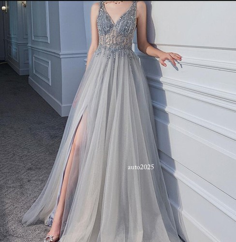 Women's Pretty Sequin Beaded Deep V Slit Flared Evening Dress Cocktail Prom - Picture 12 of 19