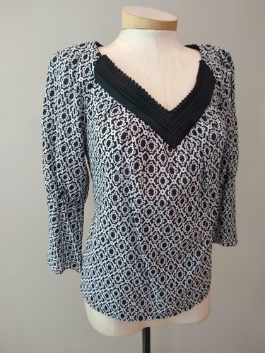 NWT $250 VINTAGE ETCETERA BLACK WHITE COTTON SILK EASY FIT BLOUSE sizes 0 8 12 - Picture 1 of 9