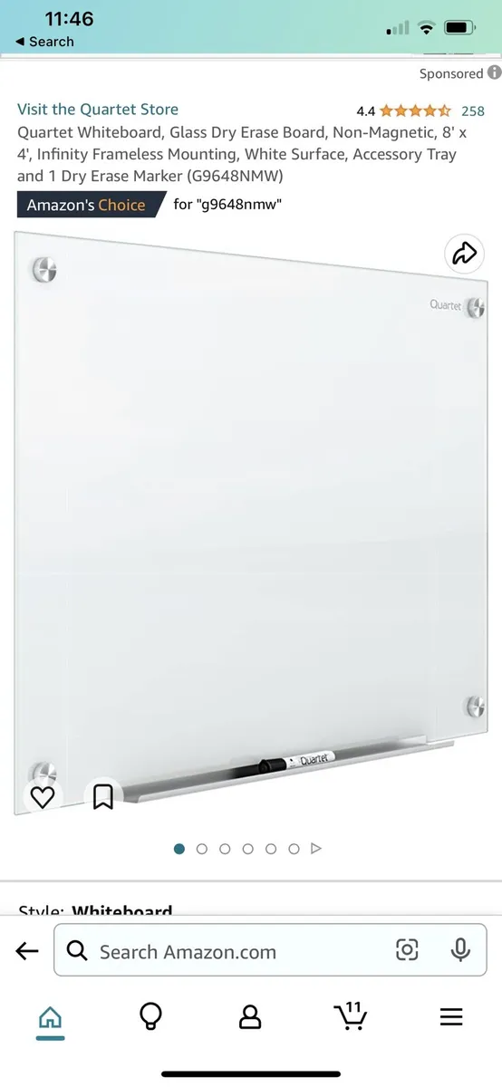 Quartet Whiteboard, Glass Dry Erase Board, Non Magnetic, 8'x4', White  (G9648NMW)
