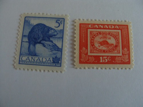 CANADA -Three Pence Beaver - 15 cents 1951 & #336 - Beaver (1954) 5¢(Blue) - Picture 1 of 2