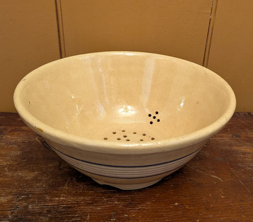 HTF RARE Antique Large 11.5" Yellow Ware Colander Blue & White 6 Band 1800's - Picture 5 of 12