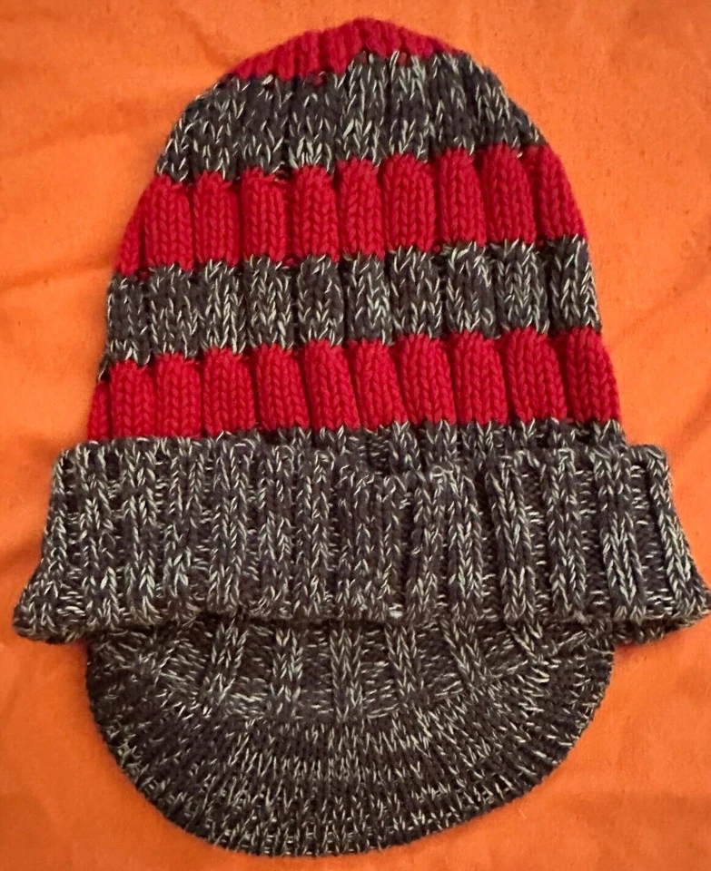 Mini Boden ski BEANIE red/brown STRIPED stripes CAP hat w/brim BOYS M/L 12-14 Y Foto 2 de 4