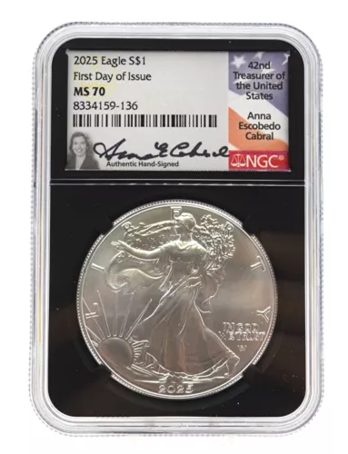 2025 $1 Silver Eagle NGC MS70 - 1st Day Issue - Anna Escobedo Cabral Signed