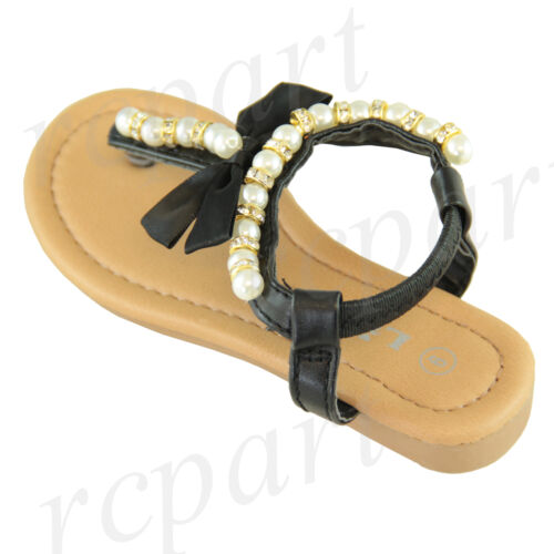 New girl's kids elastic sandals Black bow pearl beads casual open toe summer - Picture 3 of 10