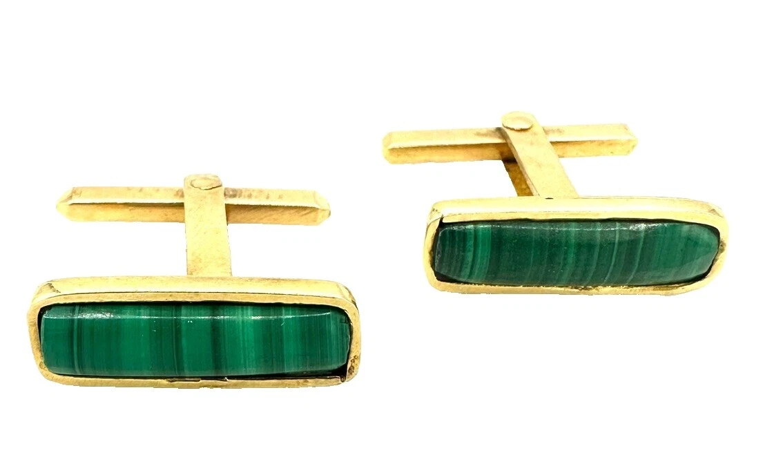 Запонки мужские из желтого золота малахит