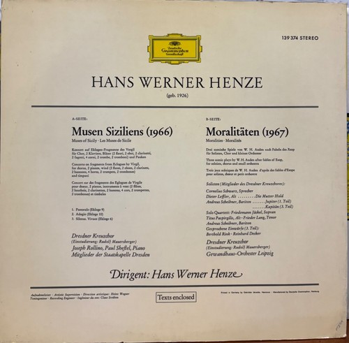 Hans Werner Henze, Muses of Sicily, Moralities, German DG Large Tulip - Picture 2 of 3