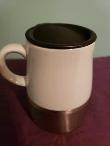 Starbucks 2006 White Ceramic &Stainless w/Rubber Bottom & lid 14oz Mug - Picture 2 of 8