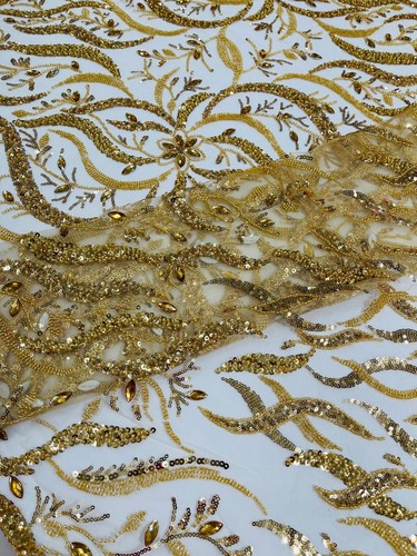 GOLD - Beaded Lace/Sequin Embroider Lace Fabric - Sold by The Yard. - Picture 3 of 3