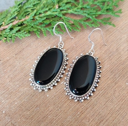 Orecchini onice nera naturale fatti a mano argento sterling 925 ovale - Foto 2 di 5