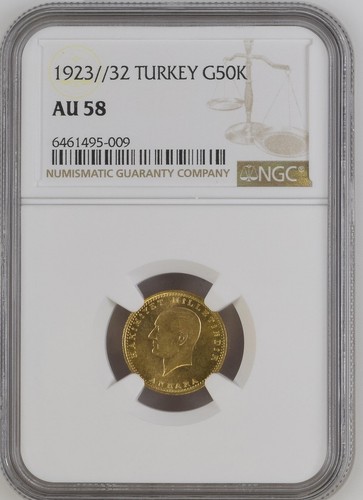 1923 Turkey Gold 50 KURUSH NGC AU-58 //32