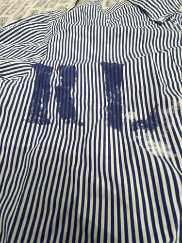 Polo Ralph Lauren bianca blu a righe vernice splatter graffiti abbottonata grande - Foto 5 di 8