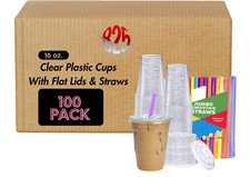 16 OZ Disposable Clear Plastic Cups with Flat Lids and Straws Cup Smoothies