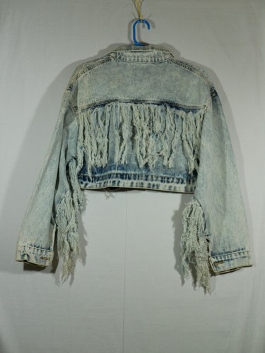 Vtg Fredericks of Hollywood Fringed Cropped Blue Acid Washed Denim Jacket Large - Picture 5 of 10