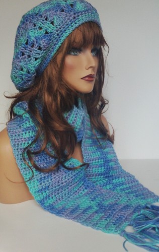NEW BLUE MULTI RASTA HAT AND SCARF SET BERET CLOCHE BAGGY SLOUCHY TAM HIPPIE - Picture 3 of 6