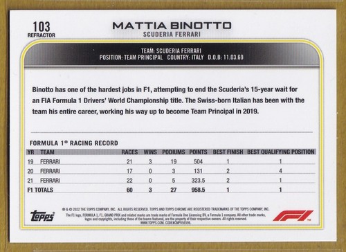 2022 Topps Chrome Formula 1 Refractors #103 Mattia Binotto CREW - Photo 2 sur 2