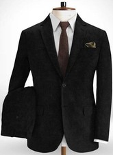 Men Corduroy Suit Black Luxury Leisure Groom Tuxedo Wedding Party Prom 2 Piece