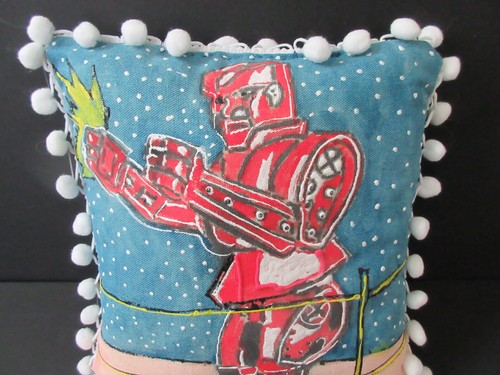 Hand Painted Pop Art Pillow Rock em Sock em Robots with Pop-Pop Fringe Campy Fun - Picture 4 of 5