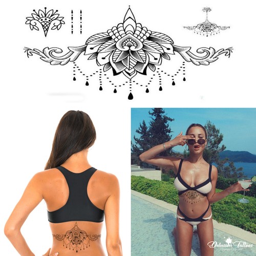 Mandala Temporary Tattoo Large Henna Arabic Underboob Back Chest Body Art Womens - Picture 1 of 8