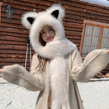 Women's Real Fox Fur Scarf Hat Set Shawl Warm Scarves Cape Wrap Outdoor Cap