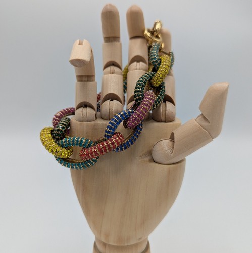 J Crew Grob Regenbogen Pavé Strass Panzerkette Armband Goldfarben 8" - Bild 2 von 22