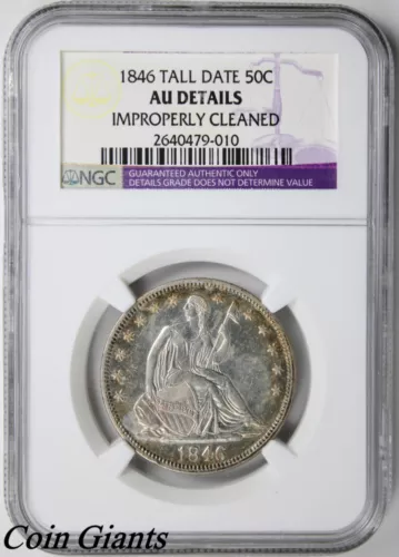 1846 Tall Date Seated Liberty Half Dollar NGC AU Details Toning Silver 50c Coin 