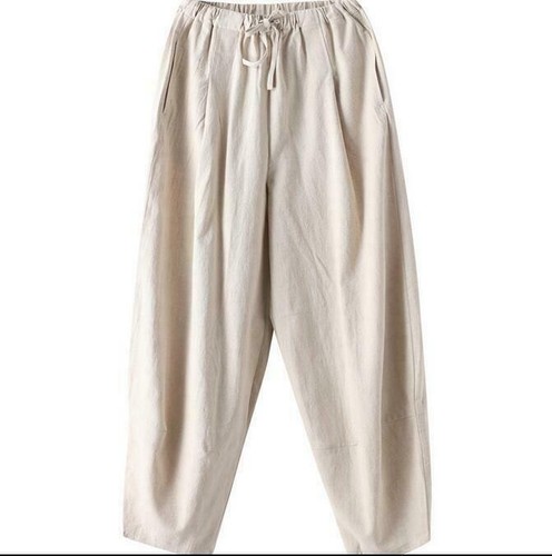 Mens Cotton Linen Pants Drawstring Wide Leg Loose Lantern Trousers Comfy Outdoor - Imagen 7 de 14
