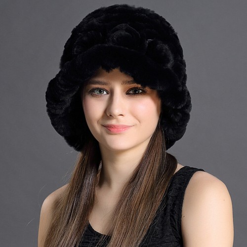 100% Echt Rex Kaninchenfell Strickmütze Zylindermütze mit Blume Damen Fellmütze Handarbeit - Bild 10 von 15