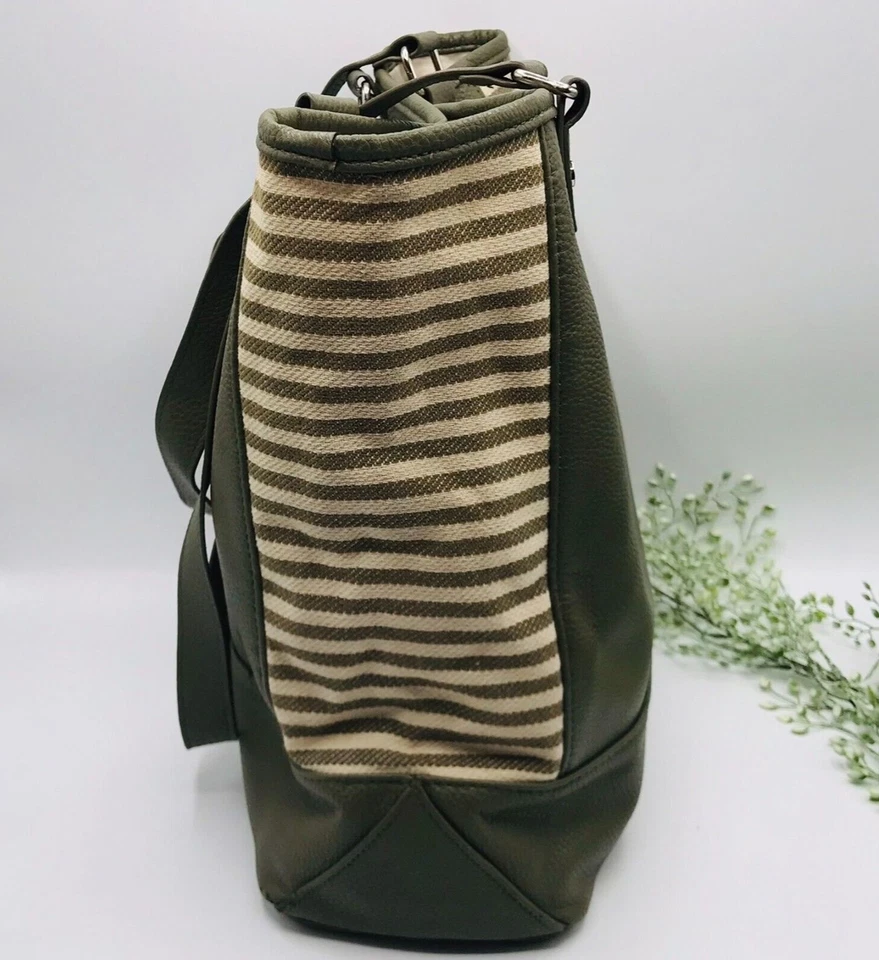 JEWELL by Thirty-One Striped Block Tote Bag Olive Green & Cream With JW Monogram - Image 3 of 4