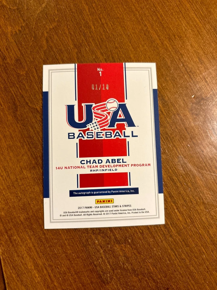 Chad Abel 2017 USA Baseball Stars Stripes 14 U Red Ink Auto #1 Phillies /10 - Image 2 of 2