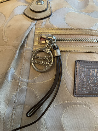 Coach Poppy Signature Beige Tan Metallic C Gold Canvas Shoulder Bag Pink Lining - Picture 5 of 17