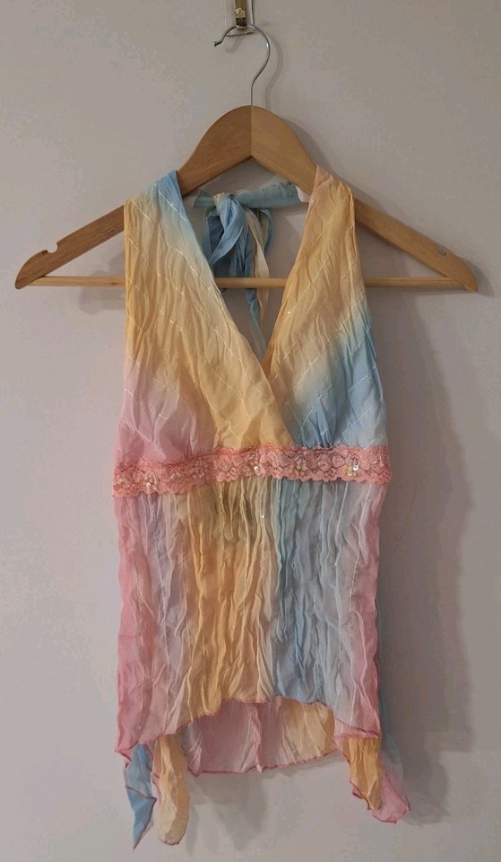 Vintage Y2K Crossroads Pastel Rainbow Crinkled Halter Top- Size XS (521)
