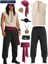 Verceco Pirate Costume for Men 8PCS Renaissance Sleeveless Shirt Large, Khaki
