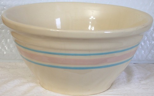 Vtg McCoy USA Pottery Mixing Bowl w Pink & Blue Stripes 10 Oven Ware Cream Color - Picture 4 of 6
